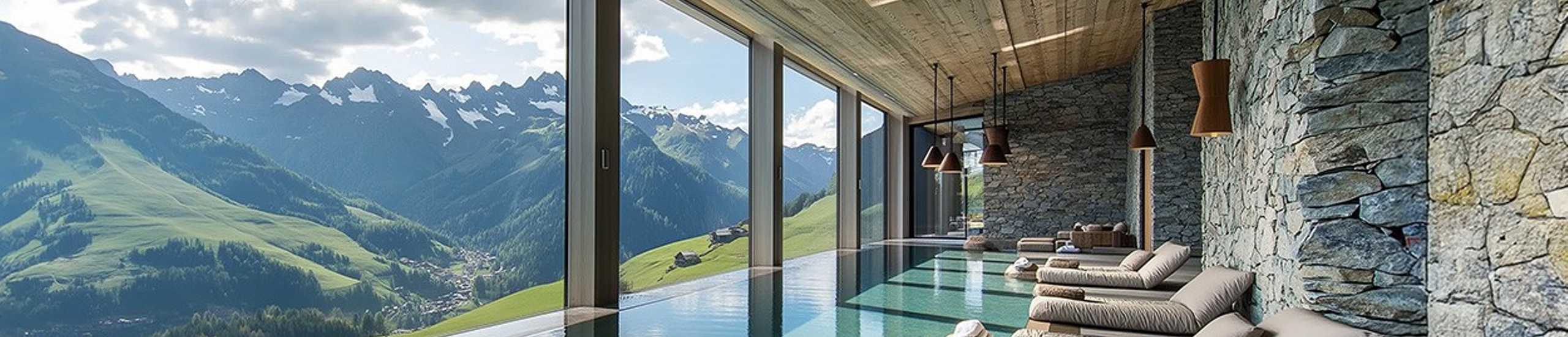 Blick von einem luxuriösem Spa-Bereich mit Hallenbad auf eine malerische Berglandschaft